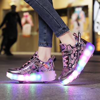 รองเท้ากีฬา รองเท้าสเก็ต แบบมีล้อลาก มีไฟ LED เรืองแสง ชาร์จไฟได้ สําหรับเด็ก และผู้ใหญ่ PQ6C