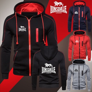 เสื้อแจ็กเก็ตกันหนาวลําลอง มีฮู้ด ผ้าฟลีซ พิมพ์ลายโลโก้ Lonsdale แต่งซิป แฟชั่นฤดูใบไม้ร่วง และฤดูหนาว สําหรับผู้ชาย