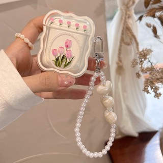 เคสป้องกันหูฟัง แบบนิ่ม ลายดอกไม้ ดอกทิวลิป ประดับไข่มุก สําหรับ Airpods 1 2 Pro 3 1 2