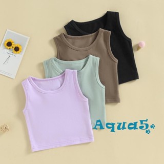 Aqq-เด็กวัยหัดเดิน เด็กผู้หญิง สีพื้น เสื้อกล้าม เสื้อยืด ฤดูร้อน แขนกุด คอกลม ระบายอากาศ ชุดชั้นใน