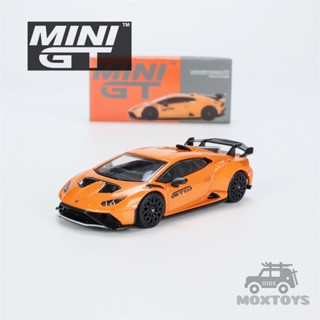 โมเดลรถยนต์ MINI GT 1:64 Lambo Huracan STO Arancio Borealis LHD Diecast ของเล่นสําหรับเด็ก