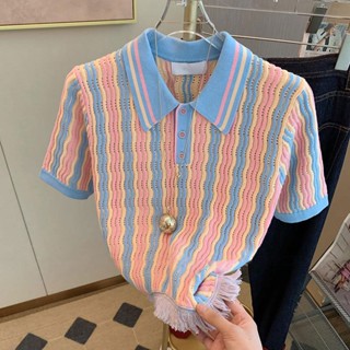 Xiaoxiang เสื้อกันหนาว แขนสั้น ลายทาง หลากสี ฤดูร้อน สําหรับผู้หญิง