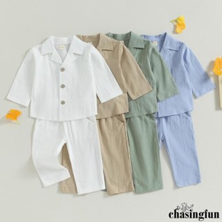 Chf- ชุดเสื้อเชิ้ต แขนยาว สีพื้น ติดกระดุม + กางเกง 2 ชิ้น สําหรับเด็กผู้ชาย