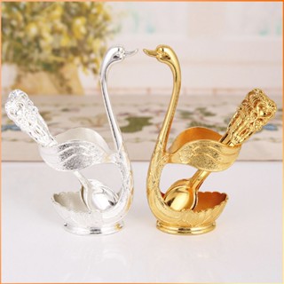 Gold Sliver ช้อนชุดอาหารเย็น Swan ตกแต่งฐานผู้ถือ 5 ช้อนสแตนเลสสำหรับกาแฟขนมกวนช้อนชา -FE