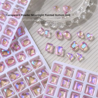 ตามมาตกแต่งเล็บ Transparent Pink Moonlight Pointed Bottom Diamond Explosive Flash Super Immortal Twisted Heart Butterfly Long Right Angle Nail Ornament nuuo