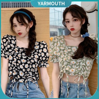 Yyr-- เสื้อครอปท็อป แขนพัฟ คอสี่เหลี่ยม แบบผูกเชือก แฟชั่นฤดูร้อน สําหรับผู้หญิง