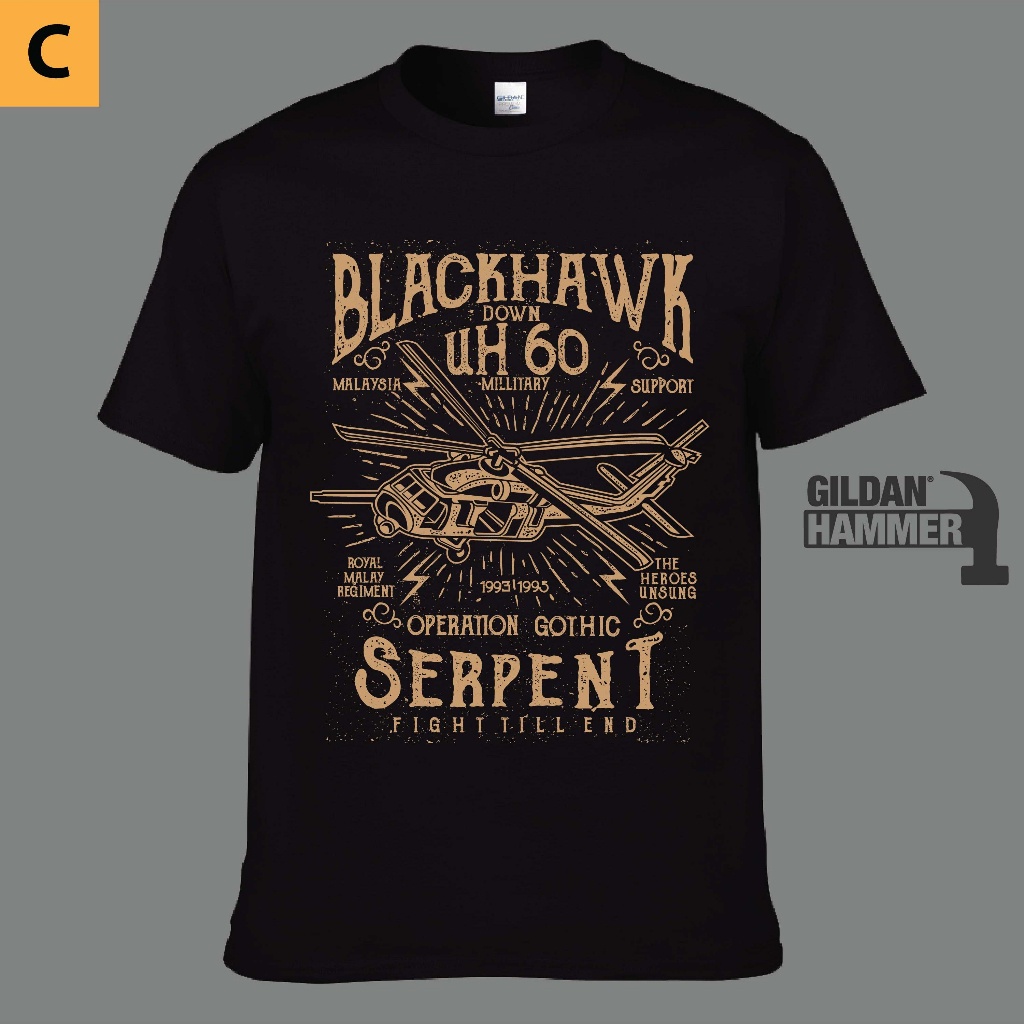 Gildan Hammer x Revartees - Unisex Short Sleeve Tops Graphic Shirts Cotton Casual - Blackhawk Down Malaysia Version - B