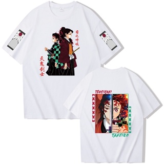 เสื้อผ้าฝ้าย 【Feb】 Japan Anime Demon Slayer Tsugikuni Yoriichi Tanjirou Kamado Men Women T Shirt Manga Harajuku S S-5XL