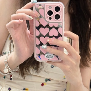 เคสโทรศัพท์มือถือ ซิลิโคน กันกระแทก พร้อมกระจก ลายหัวใจ สีชมพู สําหรับ Iphone 12 11 13 14 PRO MAX 14 13ProMax 12 13pro 11 14pro