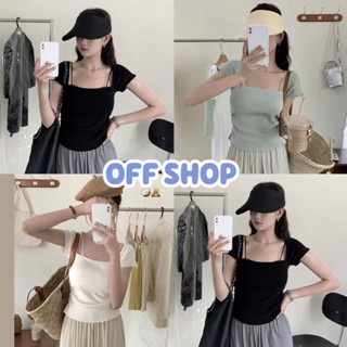 OFF SHOP พร้อมส่ง (OFF-) เสื้อไหมพรม แขนสั้น คอเหลี่ยมสีพื้น ดีเทลสาย2ข้าง ข้างๆย่น  "16006"