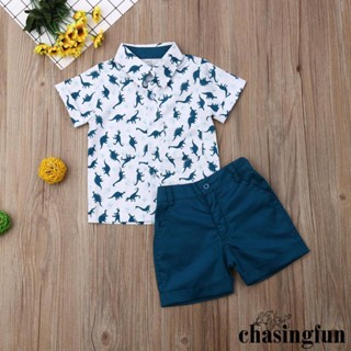 Chf-1-6 ปี ชุดเสื้อผ้าเด็กผู้ชาย พิมพ์ลายไดโนเสาร์ เสื้อยืดคอปก แขนสั้น + กางเกงขาสั้น สีพื้น สําหรับฤดูร้อน