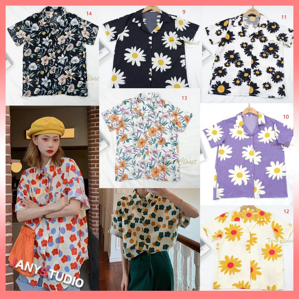 เสื้อเชิ้ตคอปกแขนสั้นลายดอกไม้ ทรงหลวม