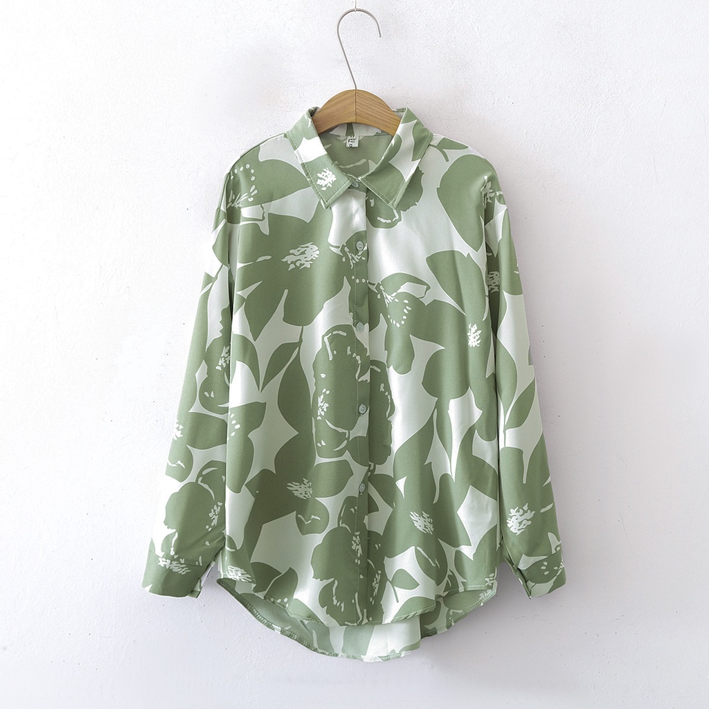 เสื้อเชิ้ตแขนยาว คอปก ทรงหลวม พิมพ์ลายดอกไม้ สไตล์ยุโรป และอเมริกา แฟชั่นสําหรับผู้หญิง