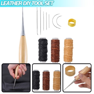 12PCS Leather Craft Tool Sewing Needles Waxed Thread Cord Drilling Awl Thimble