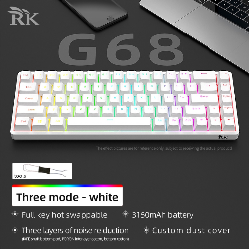 มาใหม่! 2023Rk g68 คีย์บอร์ดเกมมิ่งไร้สาย RGB 3 โหมด ถอดได้ 65% แบตเตอรี่ขนาดใหญ่
