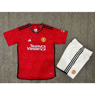 เสื้อกีฬาแขนสั้น ลายทีมชาติฟุตบอล Manchester United 23 24 ชุดเหย้า สีแดง และกางเกงขาสั้น ไซซ์ S - 2XL สําหรับผู้ชาย