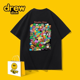 เสื้อยืดแขนสั้น ผ้าฝ้าย ทรงหลวม พิมพ์ลายการ์ตูน Drew American แฟชั่นฤดูร้อน สําหรับผู้ชาย และคู่รัก