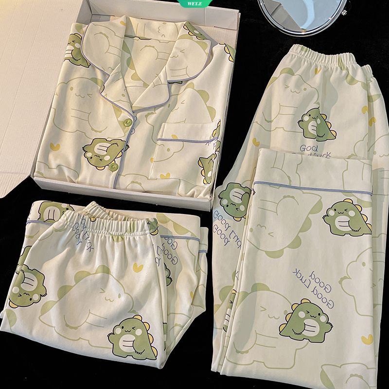 ใหม่ ชุดนอน เสื้อแขนสั้น กางเกงขาสั้น พิมพ์ลายการ์ตูนไดโนเสาร์น่ารัก สไตล์เกาหลี เหมาะกับฤดูร้อน สําหรับผู้หญิง 2024 [WET]