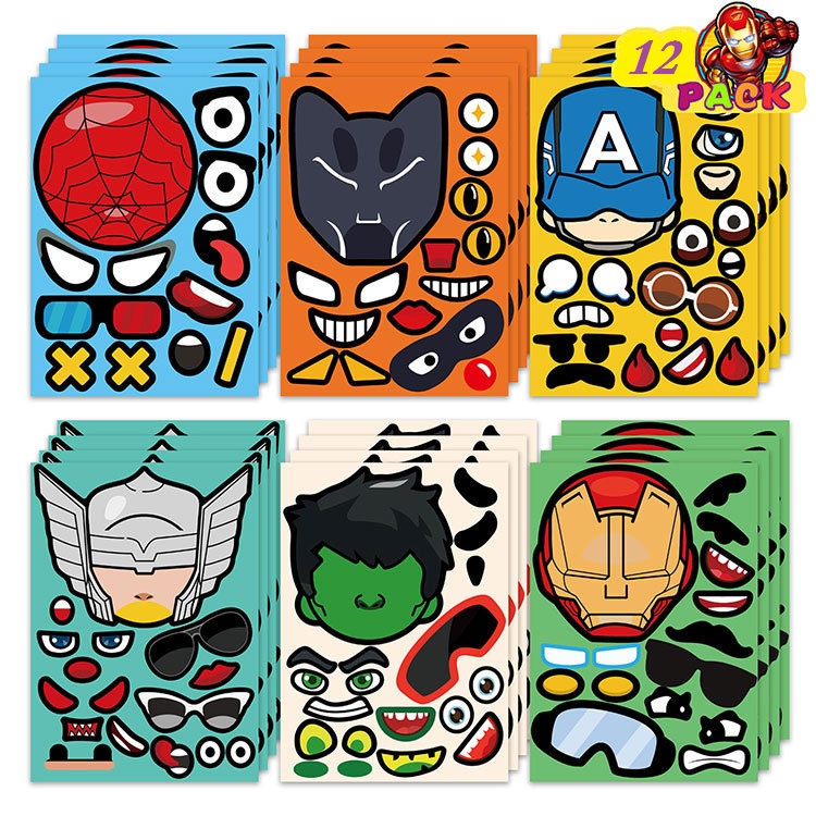 12 ชิ้น/ล็อต Super Hero DIY สติกเกอร์ปริศนา Make Face ตลกการ์ตูน Decals ประกอบจิ๊กซอว์ของเล่นเด็ก