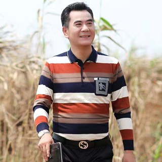 Spot POLO shirt moisture absorption and sweat father wear autumn 2023 new striped long-sleeved t-shirt 30-60-year-old mens thin knitted Tee blouse mens wear