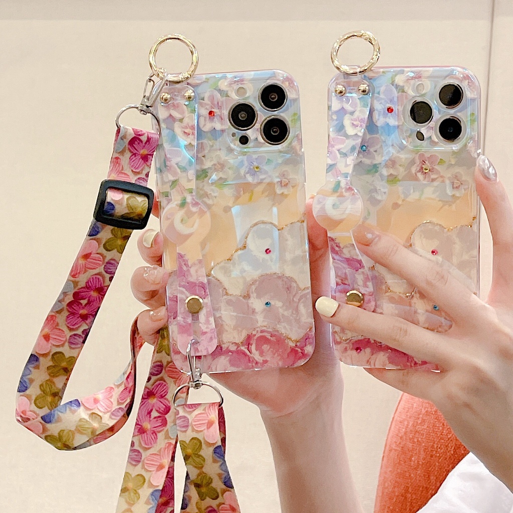 ปลอก Samsung A54 5G A53 A55 A52 A51 A35 A34 A33 A14 Vintage สไตล ์ เพชรภาพวาดสีน ้ ํามันดอกไม ้ สําหรับ Samsung ซิลิโคนกันกระแทก Soft Cover + สายรัดข ้ อมือและ lanyards