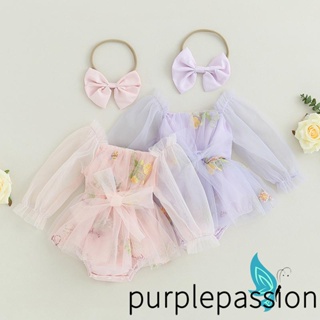 Purplepassion- ชุดรอมเปอร์ แขนยาว ผ้าตาข่าย ลายดอกไม้ และที่คาดผมน่ารัก สําหรับเด็กทารกผู้หญิง 2 ชิ้น