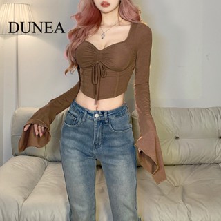 Dunea เสื้อยืดครอป คอสี่เหลี่ยม แขนยาว จับจีบ สีพื้น สําหรับผู้หญิง