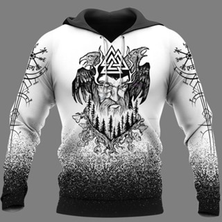 เสื้อกันหนาว มีฮู้ด ลาย Viking 3D Odin Raven Valknut - Hammer