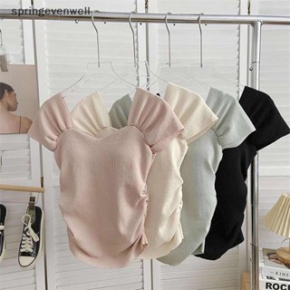 [springevenwell] ใหม่ พร้อมส่ง เสื้อยืดถัก คอสี่เหลี่ยม แขนพอง เข้ารูป สีพื้น สไตล์เกาหลี แฟชั่นฤดูร้อน สําหรับผู้หญิง