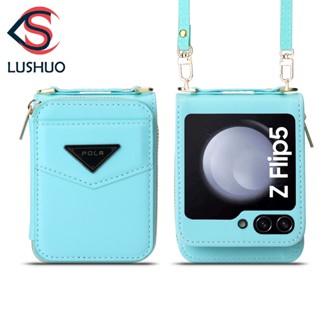 Lushuo เคสโทรศัพท์หนัง ฝาพับ พร้อมช่องใส่บัตร และสายคล้อง มีซิป สําหรับ Samsung Galaxy Z Flip 5 Z Flip5 ZFlip5 ZFlip 5