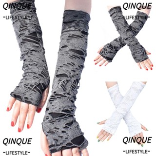 Qinjue ถุงมือยาว ถุงมือร็อคพังก์ ไร้นิ้ว สีดํา ตลก ฮิปฮอป โกธิค ดิสโก้ ดิสโก้ ฮาโลวีน