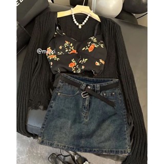 Summer suit womens 2023 new plus-size womens dress temperament mixed cardigan broken flower sling denim skirt three-piece set