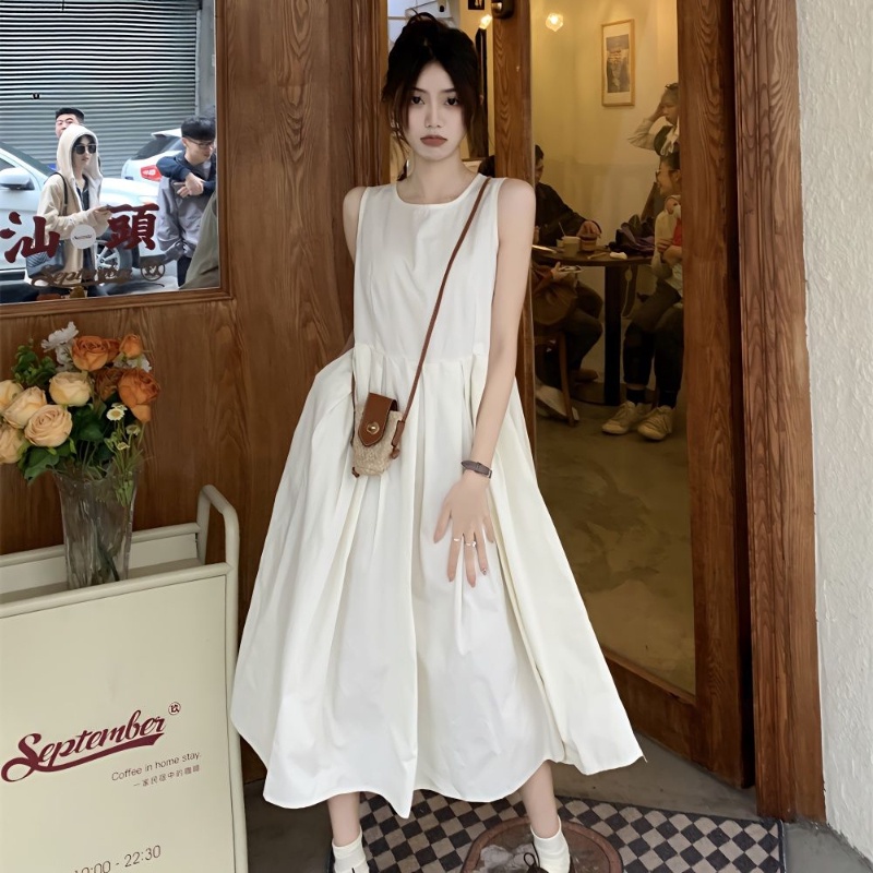 ชุดเดรสกระโปรง ความยาวปานกลาง แขนกุด คอกลม สีขาว แฟชั่นฤดูร้อน สไตล์เกาหลี สําหรับสตรี