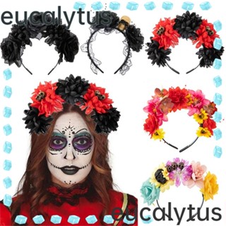 Eucalytus1 ที่คาดผมมงกุฎดอกกุหลาบ สีดํา สไตล์เม็กซิกัน เรโทร สําหรับผู้หญิง แต่งงาน ปาร์ตี้ฮาโลวีน