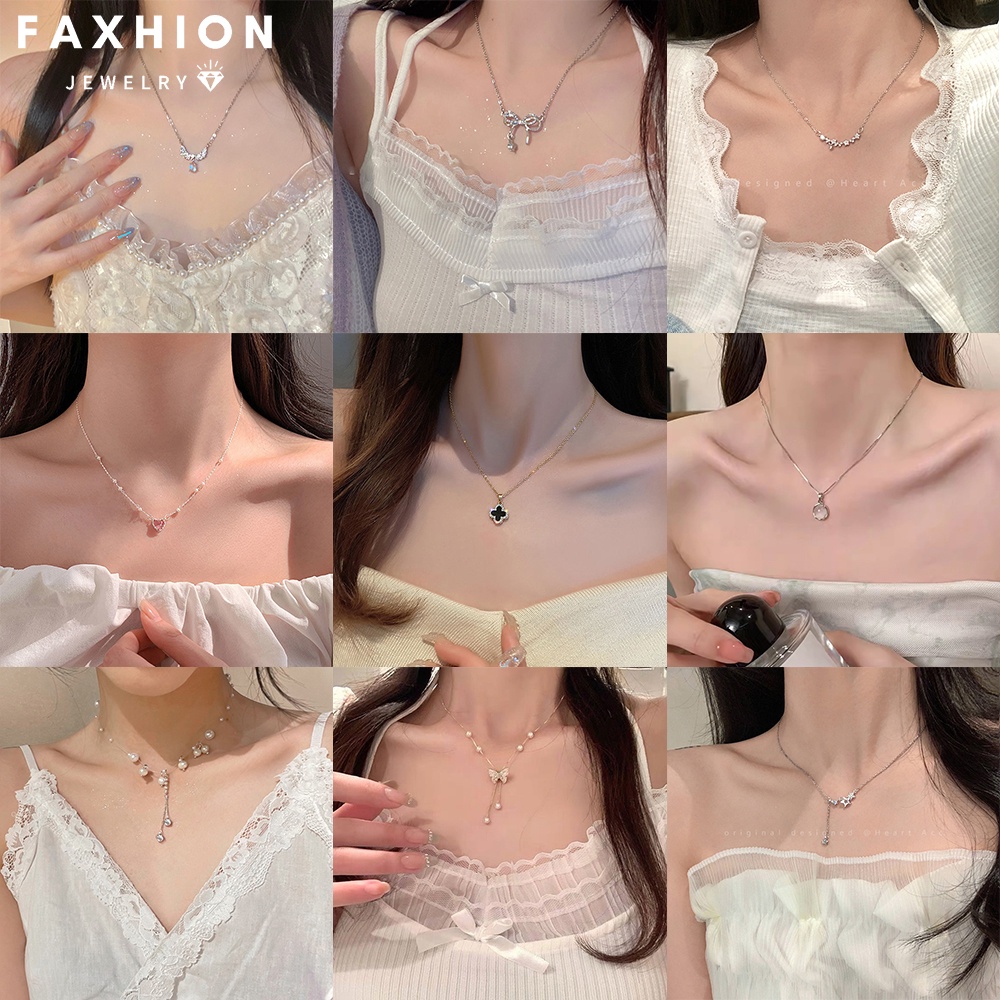 เครื่องประดับ สร้อยคอโชคเกอร์ จี้รูปใบโคลเวอร์ ประดับไข่มุก และคริสตัล แฟชั่นสําหรับผู้หญิง