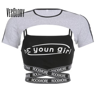 Vesglory เสื้อครอปท็อป คอกลม เข้ารูป พิมพ์ลายตัวอักษร สีตัดกัน แฟชั่นสําหรับสตรี 2023