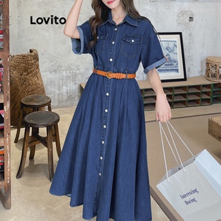 Lovito ชุดเดรสยีนเดนิม แขนสั้น คอปก ทรงเอไลน์ มีหระเป๋า สีพื้น สไตล์ลำลอง สำหรับผู้หญิง LNA06121 (สีน้ำเงินเข้ม)