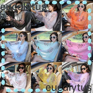 Eucalytus1 เสื้อเชิ้ต แขนยาว ผ้าชีฟอง ปักลายดอกไม้ กันแดด แบบลําลอง