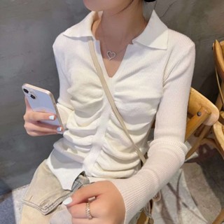 ลิงค์กี้ ✿ เสื้อกันหนาวแขนยาว คอโปโล เข้ารูป สีพื้น สําหรับผู้หญิง