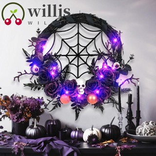 Willis พวงหรีดใยแมงมุม กะโหลก ใยแมงมุม ผีสิง ฮาโลวีน ใช้แบตเตอรี่ พร้อมไฟสีม่วง โครงกระดูกพลาสติก กุหลาบ ลูกตา พวงหรีด บ้านผีสิง