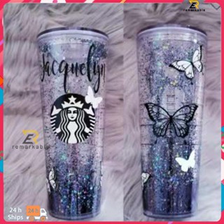 พร้อมส่ง Starbucks Black Butterfly Straws Double Layer Cup Plastic Cup Portable Straw Cup 710ml/24oz above_th