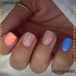 Rosegoods1 เล็บปลอมแฟชั่น ลายดอกไม้ สีฟ้า สีส้ม ถอดออกได้ DIY