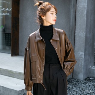 [New autumn] womens short leather clothes 2023 Autumn Spring and Autumn New Korean style long sleeve single-breasted Brown loose leather clothes XBAF