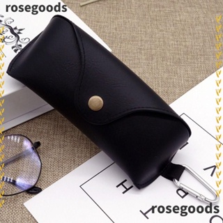 Rosegoods1 กระเป๋าใส่แว่นตา แบบพกพา สีดํา พร้อมหัวเข็มขัดโลหะ กล่องแว่นกันแดด