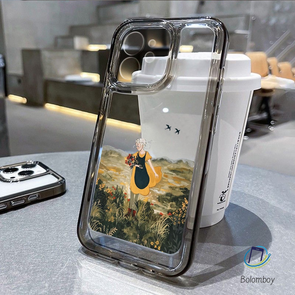 เคสโทรศัพท์ใสกันกระแทก for Iphone 11 XR 12 13 14 ProMax 7 8Plus สาวดอกไม้สีเหลือง ชัดเจนเปลือกนิ่ม เคสป้องกันเลนส์มือถือ