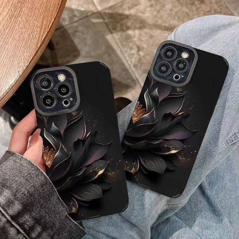 เหมาะสําหรับ Iphone 11Pro Max 14/15/16/17PRO MAX 11 12/13/15promax/7/8plus XR Xmax เคสโทรศัพท์ดอกบัวสีดํารวมทุกอย่าง lambskin กันกระแทกปกอ่อน
