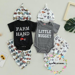 Babyclothes- ชุดรอมเปอร์ แขนสั้น พิมพ์ลายตัวอักษร และกางเกง พร้อมหมวก สําหรับเด็กทารก 3 ชิ้น