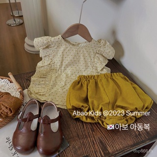 Korean style childrens clothing 2023 Summer new western style baby girls flying sleeve doll shirt top Bud shorts two-piece suit UABI