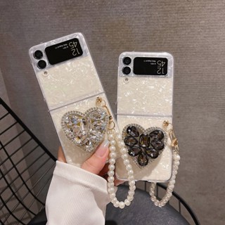 เคสมือถือ ลายเปลือกหอย ประดับเพชร กลิตเตอร์ พร้อมสายคล้อง กันกระแทก สําหรับ Samsung Z Flip 3 4 5 Samsung Z Flip 3 4 5