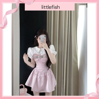 [littlefish] ชุดเดรสแขนพัฟ เอวแคบ ประดับเพชร สีชมพู สไตล์เรโทร หรูหรา เหมาะกับฤดูร้อน สําหรับผู้หญิง